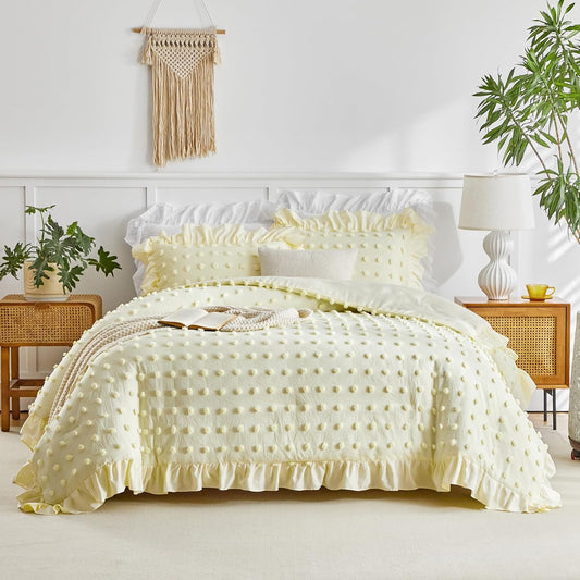 Tufted Dots Ruffle Comforter Set Twin Size, 3 Pieces Yellow Vintage Farmhouse Shabby Chic Comforters, Jacquard Boho Bohemian Bedding Set for Kids (1 Ruffled Comforter+ 2 Pillow Shams)