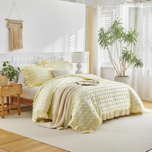Tufted Dots Ruffle Comforter Set Twin Size, 3 Pieces Yellow Vintage Farmhouse Shabby Chic Comforters, Jacquard Boho Bohemian Bedding Set for Kids (1 Ruffled Comforter+ 2 Pillow Shams)