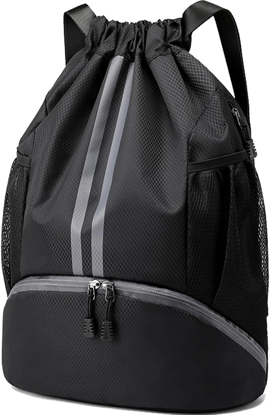 Sports Drawstring Backpack - Swim Gym Bag for Women and Men | String Bag with Shoes Compartment & Wet Proof Pocket, Adjustable Wider Shoulder Strap, For Soccer, Basketball