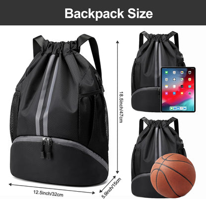 Sports Drawstring Backpack - Swim Gym Bag for Women and Men | String Bag with Shoes Compartment & Wet Proof Pocket, Adjustable Wider Shoulder Strap, For Soccer, Basketball