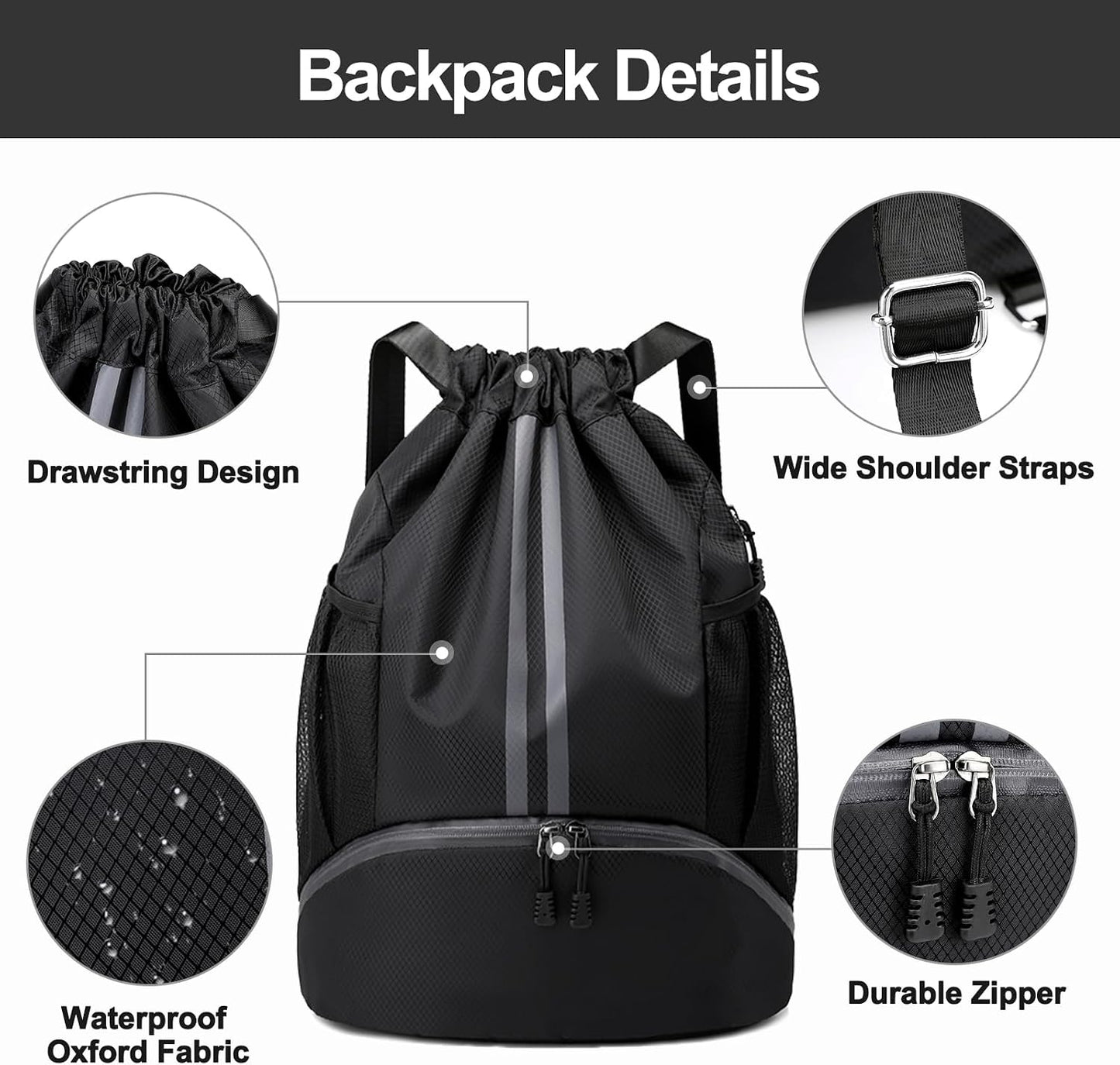 Sports Drawstring Backpack - Swim Gym Bag for Women and Men | String Bag with Shoes Compartment & Wet Proof Pocket, Adjustable Wider Shoulder Strap, For Soccer, Basketball