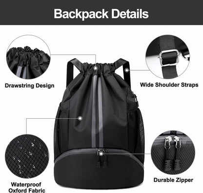 Sports Drawstring Backpack - Swim Gym Bag for Women and Men | String Bag with Shoes Compartment & Wet Proof Pocket, Adjustable Wider Shoulder Strap, For Soccer, Basketball