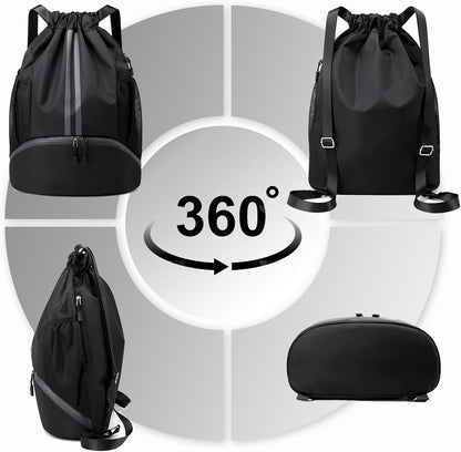 Sports Drawstring Backpack - Swim Gym Bag for Women and Men | String Bag with Shoes Compartment & Wet Proof Pocket, Adjustable Wider Shoulder Strap, For Soccer, Basketball