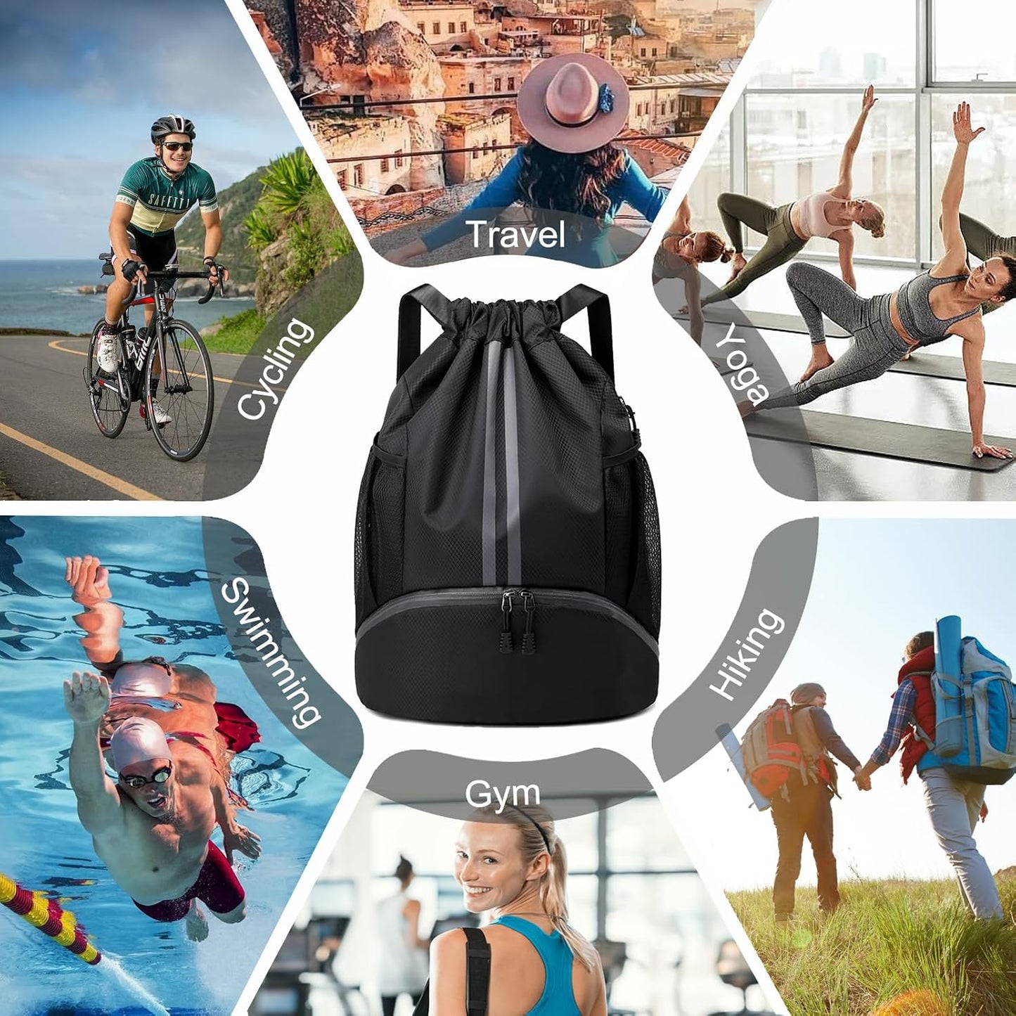 Sports Drawstring Backpack - Swim Gym Bag for Women and Men | String Bag with Shoes Compartment & Wet Proof Pocket, Adjustable Wider Shoulder Strap, For Soccer, Basketball
