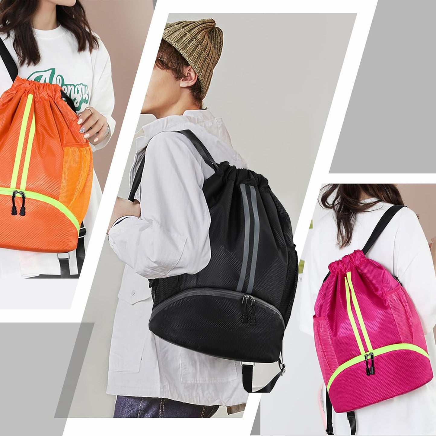 Sports Drawstring Backpack - Swim Gym Bag for Women and Men | String Bag with Shoes Compartment & Wet Proof Pocket, Adjustable Wider Shoulder Strap, For Soccer, Basketball