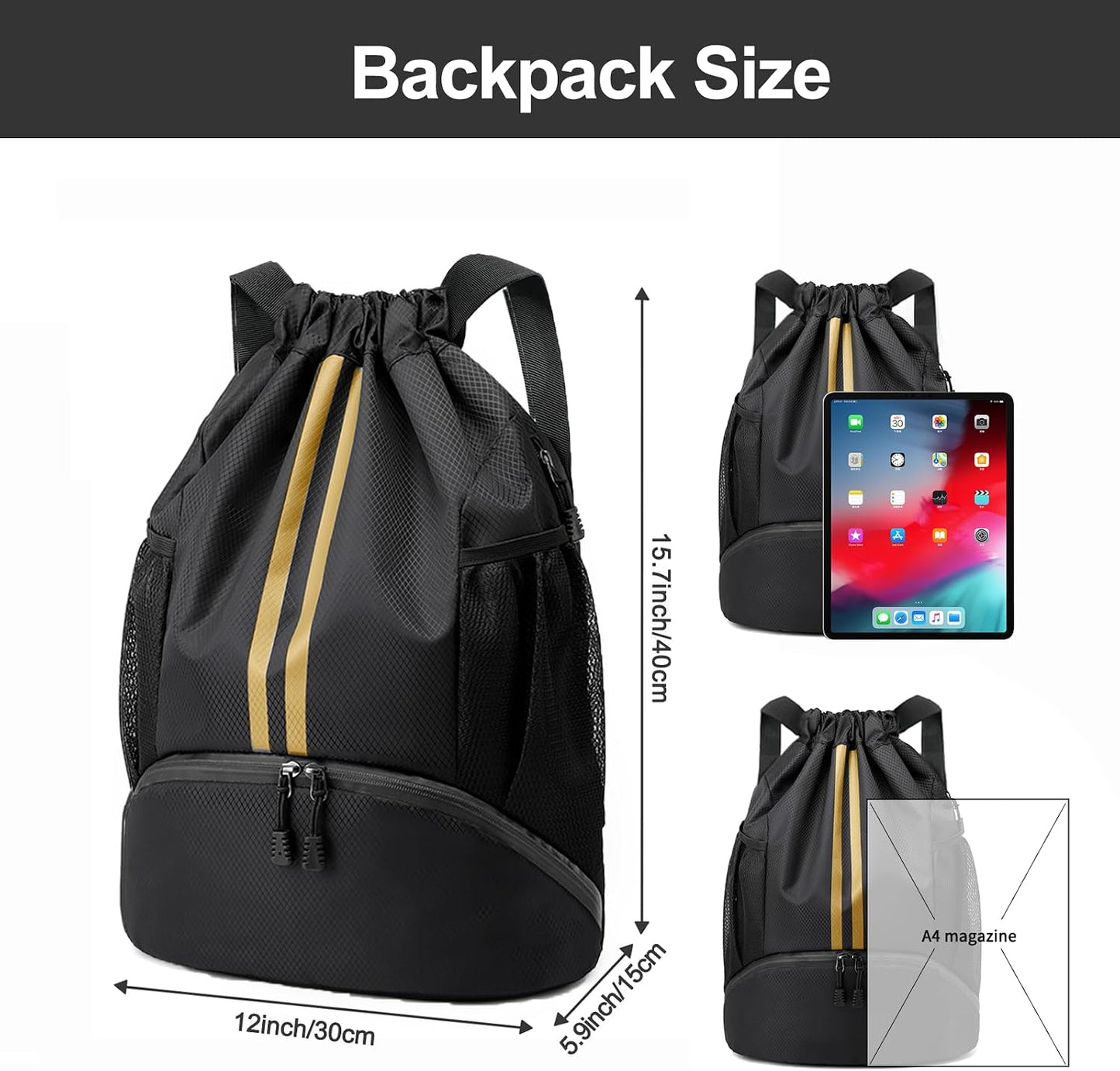 Sports Drawstring Backpack - Swim Gym Bag for Women and Men | String Bag with Shoes Compartment & Wet Proof Pocket, Adjustable Wider Shoulder Strap, For Soccer, Basketball
