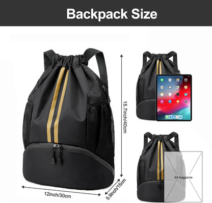 Sports Drawstring Backpack - Swim Gym Bag for Women and Men | String Bag with Shoes Compartment & Wet Proof Pocket, Adjustable Wider Shoulder Strap, For Soccer, Basketball