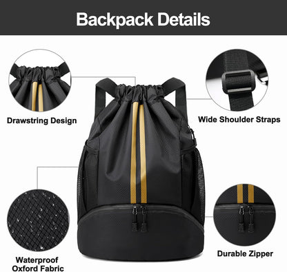 Sports Drawstring Backpack - Swim Gym Bag for Women and Men | String Bag with Shoes Compartment & Wet Proof Pocket, Adjustable Wider Shoulder Strap, For Soccer, Basketball