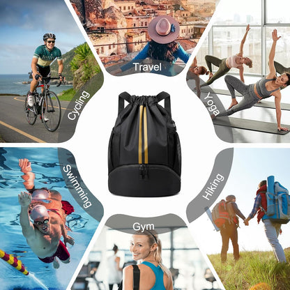 Sports Drawstring Backpack - Swim Gym Bag for Women and Men | String Bag with Shoes Compartment & Wet Proof Pocket, Adjustable Wider Shoulder Strap, For Soccer, Basketball