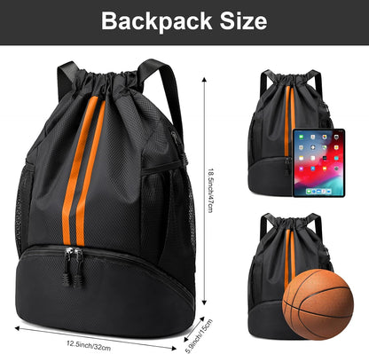 Sports Drawstring Backpack - Swim Gym Bag for Women and Men | String Bag with Shoes Compartment & Wet Proof Pocket, Adjustable Wider Shoulder Strap, For Soccer, Basketball