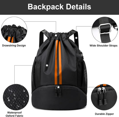 Sports Drawstring Backpack - Swim Gym Bag for Women and Men | String Bag with Shoes Compartment & Wet Proof Pocket, Adjustable Wider Shoulder Strap, For Soccer, Basketball