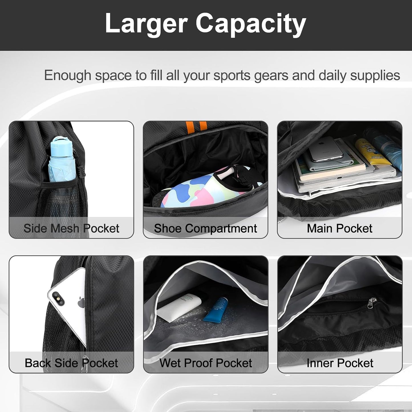 Sports Drawstring Backpack - Swim Gym Bag for Women and Men | String Bag with Shoes Compartment & Wet Proof Pocket, Adjustable Wider Shoulder Strap, For Soccer, Basketball