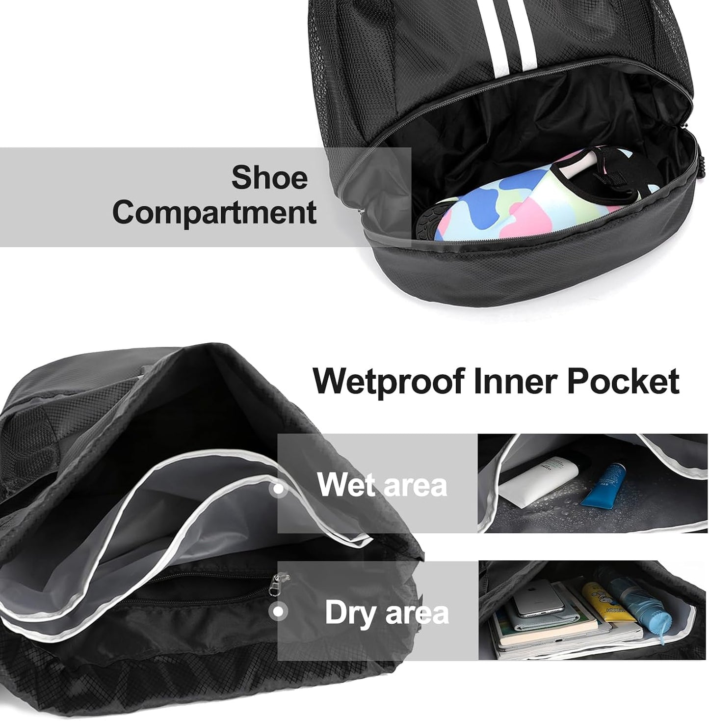 Sports Drawstring Backpack - Swim Gym Bag for Women and Men | String Bag with Shoes Compartment & Wet Proof Pocket, Adjustable Wider Shoulder Strap, For Soccer, Basketball