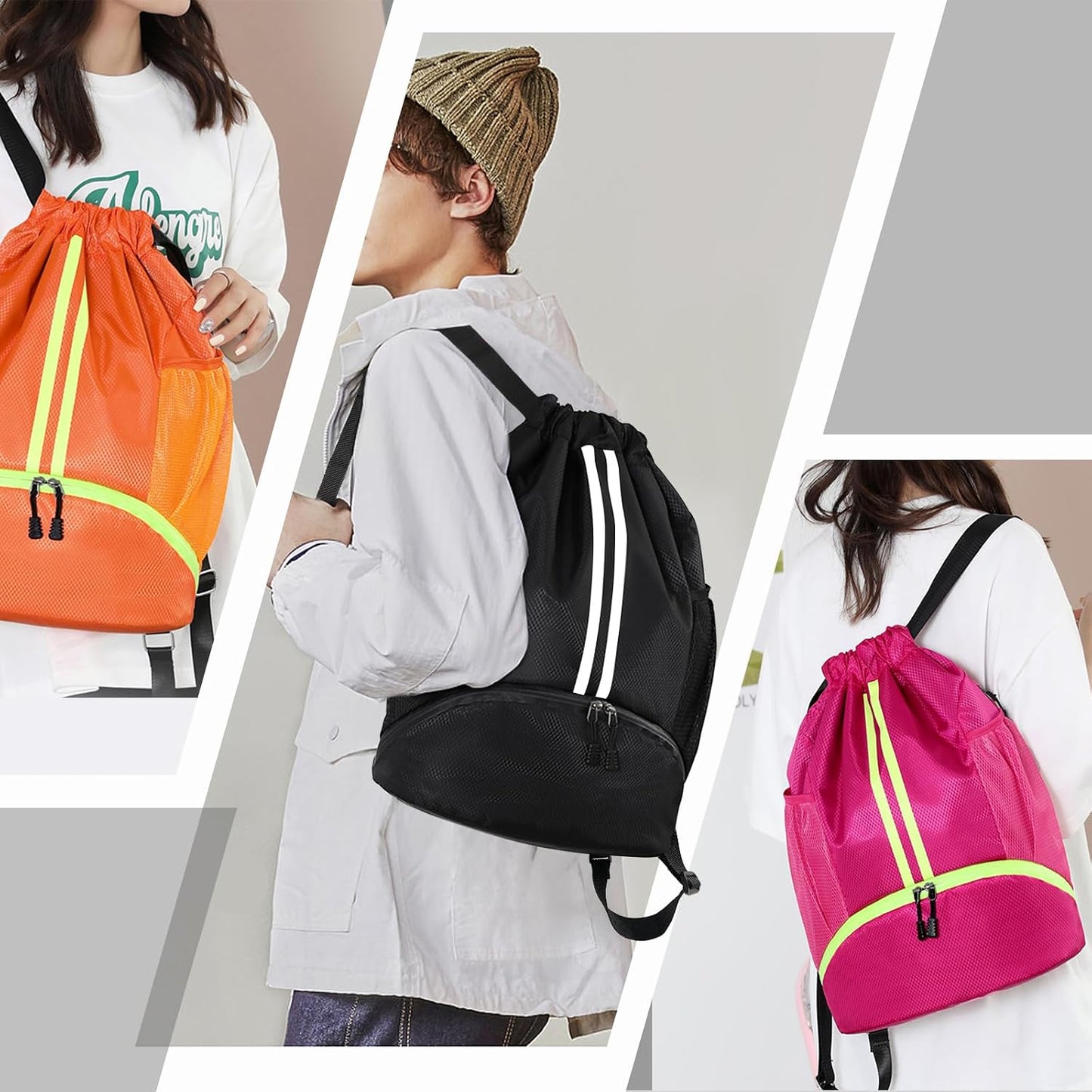 Sports Drawstring Backpack - Swim Gym Bag for Women and Men | String Bag with Shoes Compartment & Wet Proof Pocket, Adjustable Wider Shoulder Strap, For Soccer, Basketball
