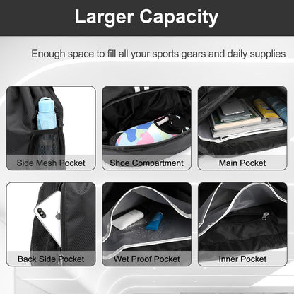 Sports Drawstring Backpack - Swim Gym Bag for Women and Men | String Bag with Shoes Compartment & Wet Proof Pocket, Adjustable Wider Shoulder Strap, For Soccer, Basketball