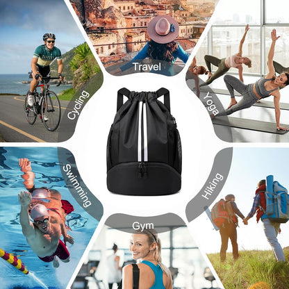 Sports Drawstring Backpack - Swim Gym Bag for Women and Men | String Bag with Shoes Compartment & Wet Proof Pocket, Adjustable Wider Shoulder Strap, For Soccer, Basketball