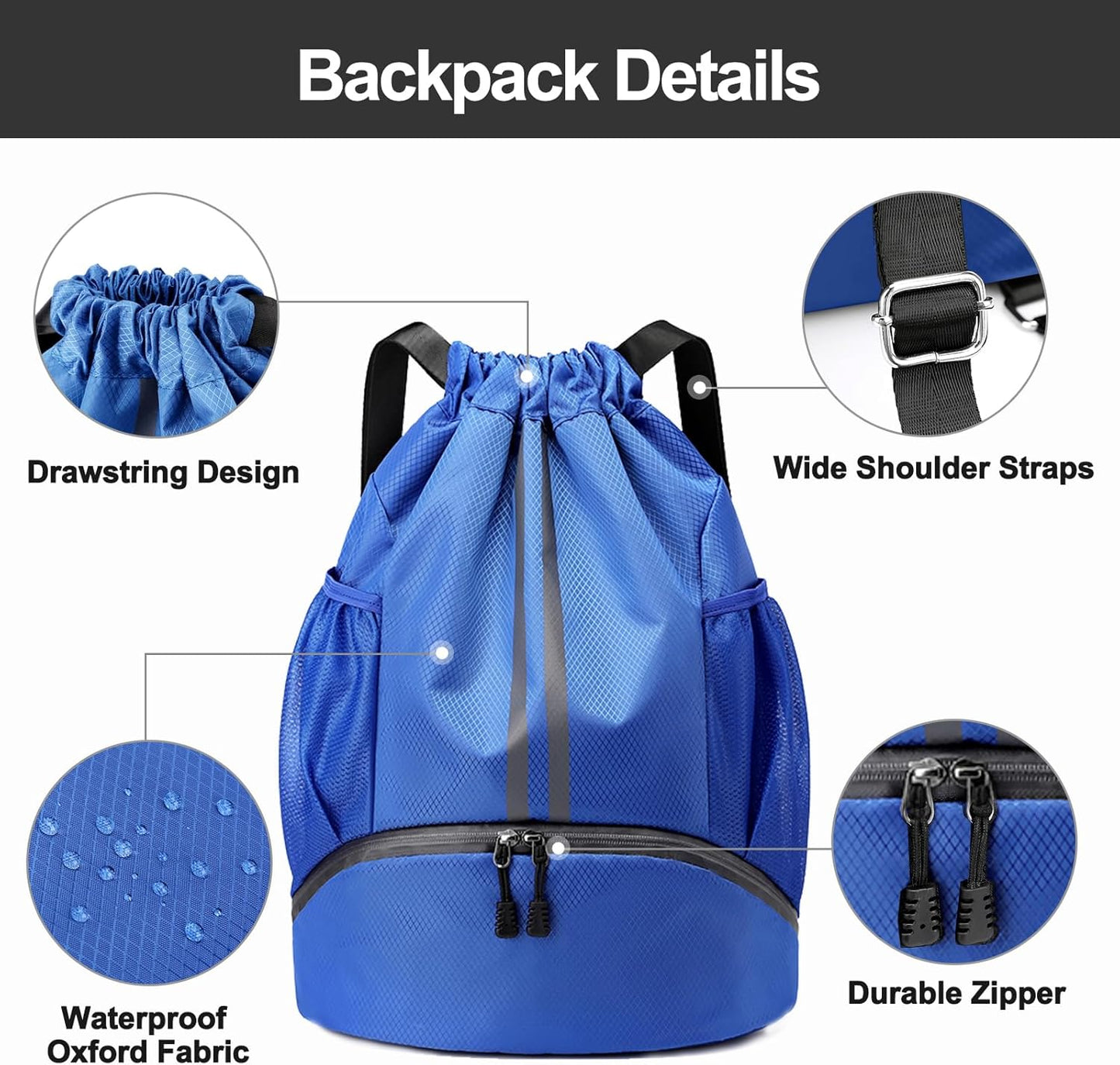 Sports Drawstring Backpack - Swim Gym Bag for Women and Men | String Bag with Shoes Compartment & Wet Proof Pocket, Adjustable Wider Shoulder Strap, For Soccer, Basketball