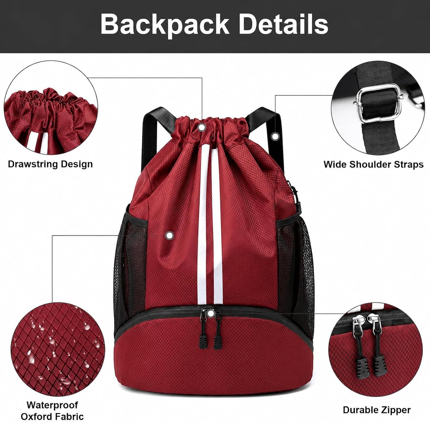 Sports Drawstring Backpack - Swim Gym Bag for Women and Men | String Bag with Shoes Compartment & Wet Proof Pocket, Adjustable Wider Shoulder Strap, For Soccer, Basketball
