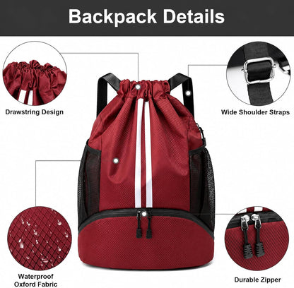 Sports Drawstring Backpack - Swim Gym Bag for Women and Men | String Bag with Shoes Compartment & Wet Proof Pocket, Adjustable Wider Shoulder Strap, For Soccer, Basketball