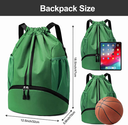 Sports Drawstring Backpack - Swim Gym Bag for Women and Men | String Bag with Shoes Compartment & Wet Proof Pocket, Adjustable Wider Shoulder Strap, For Soccer, Basketball