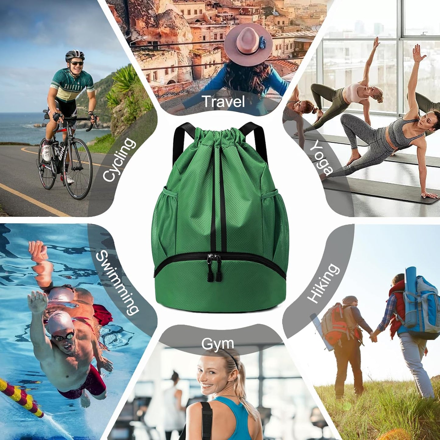 Sports Drawstring Backpack - Swim Gym Bag for Women and Men | String Bag with Shoes Compartment & Wet Proof Pocket, Adjustable Wider Shoulder Strap, For Soccer, Basketball