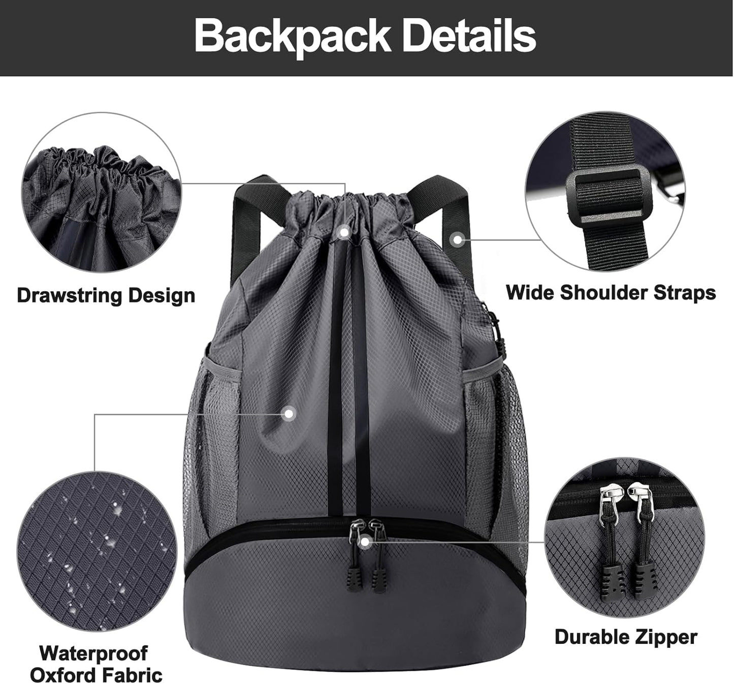 Sports Drawstring Backpack - Swim Gym Bag for Women and Men | String Bag with Shoes Compartment & Wet Proof Pocket, Adjustable Wider Shoulder Strap, For Soccer, Basketball