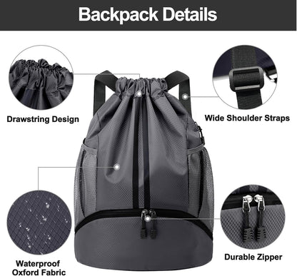 Sports Drawstring Backpack - Swim Gym Bag for Women and Men | String Bag with Shoes Compartment & Wet Proof Pocket, Adjustable Wider Shoulder Strap, For Soccer, Basketball