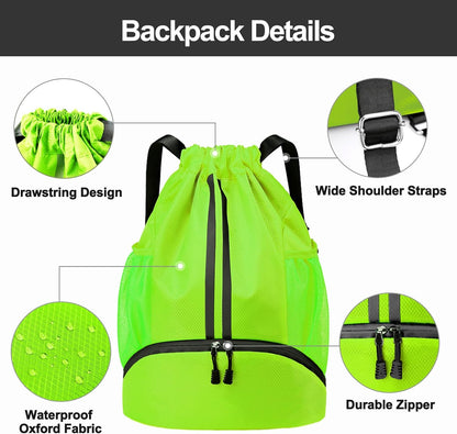 Sports Drawstring Backpack - Swim Gym Bag for Women and Men | String Bag with Shoes Compartment & Wet Proof Pocket, Adjustable Wider Shoulder Strap, For Soccer, Basketball