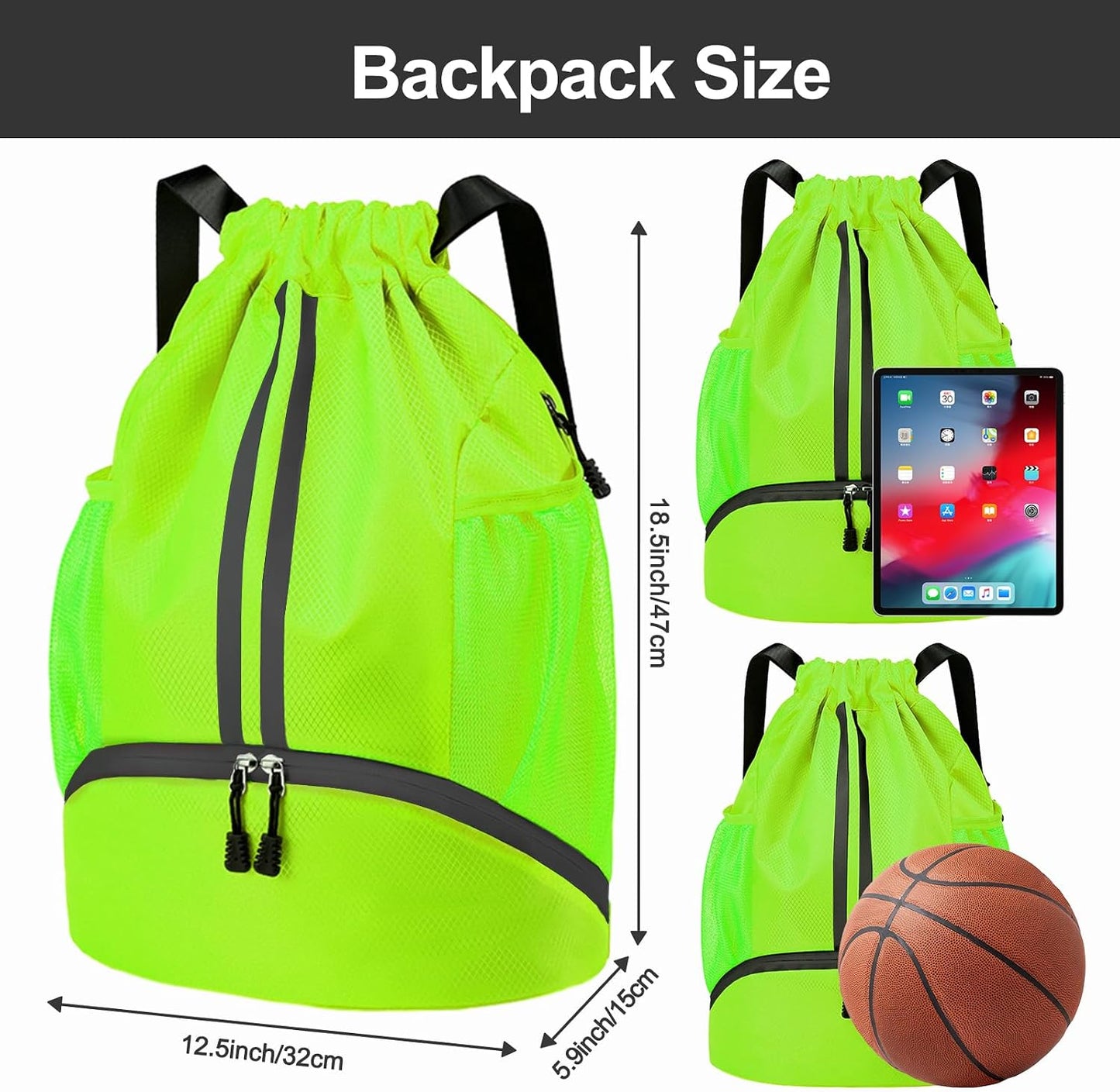 Sports Drawstring Backpack - Swim Gym Bag for Women and Men | String Bag with Shoes Compartment & Wet Proof Pocket, Adjustable Wider Shoulder Strap, For Soccer, Basketball