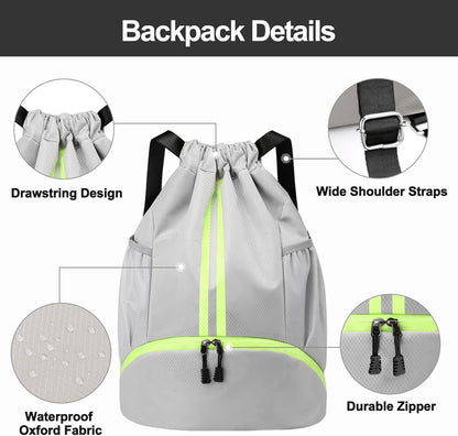 Sports Drawstring Backpack - Swim Gym Bag for Women and Men | String Bag with Shoes Compartment & Wet Proof Pocket, Adjustable Wider Shoulder Strap, For Soccer, Basketball