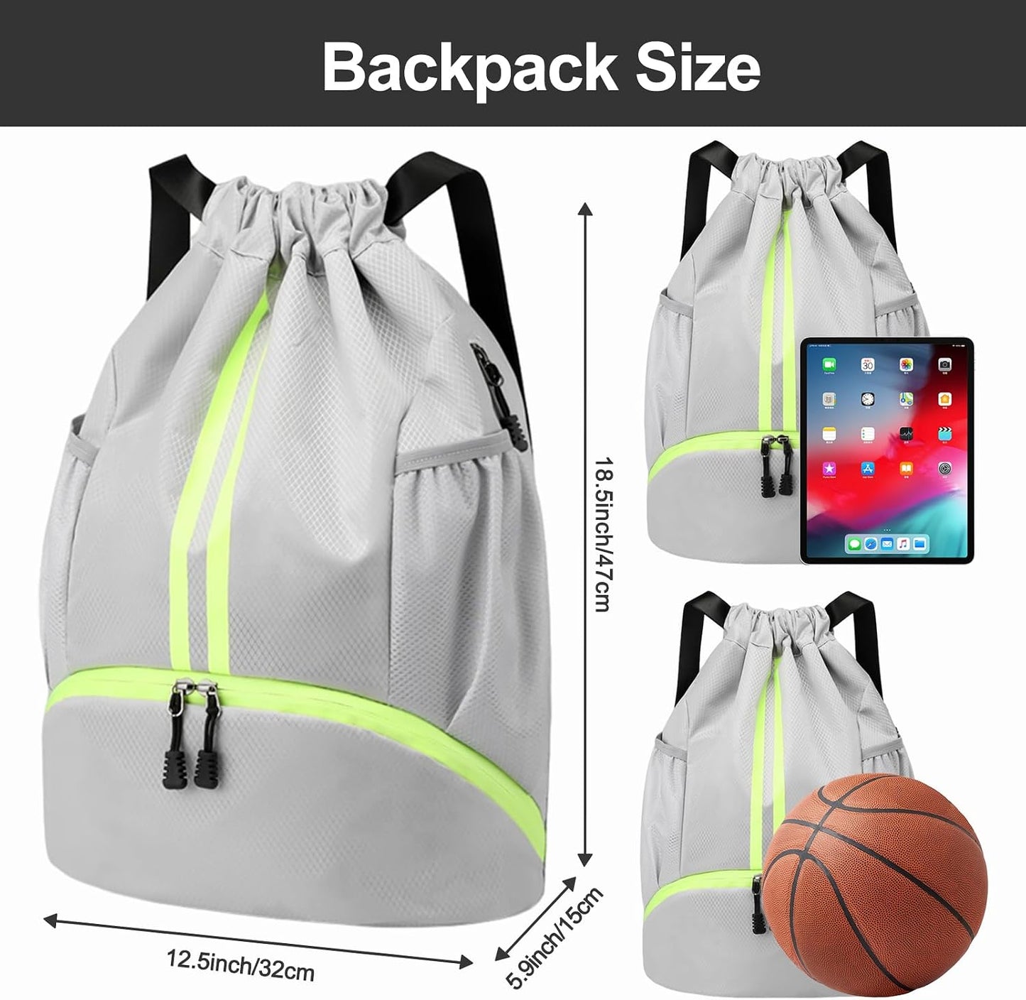 Sports Drawstring Backpack - Swim Gym Bag for Women and Men | String Bag with Shoes Compartment & Wet Proof Pocket, Adjustable Wider Shoulder Strap, For Soccer, Basketball