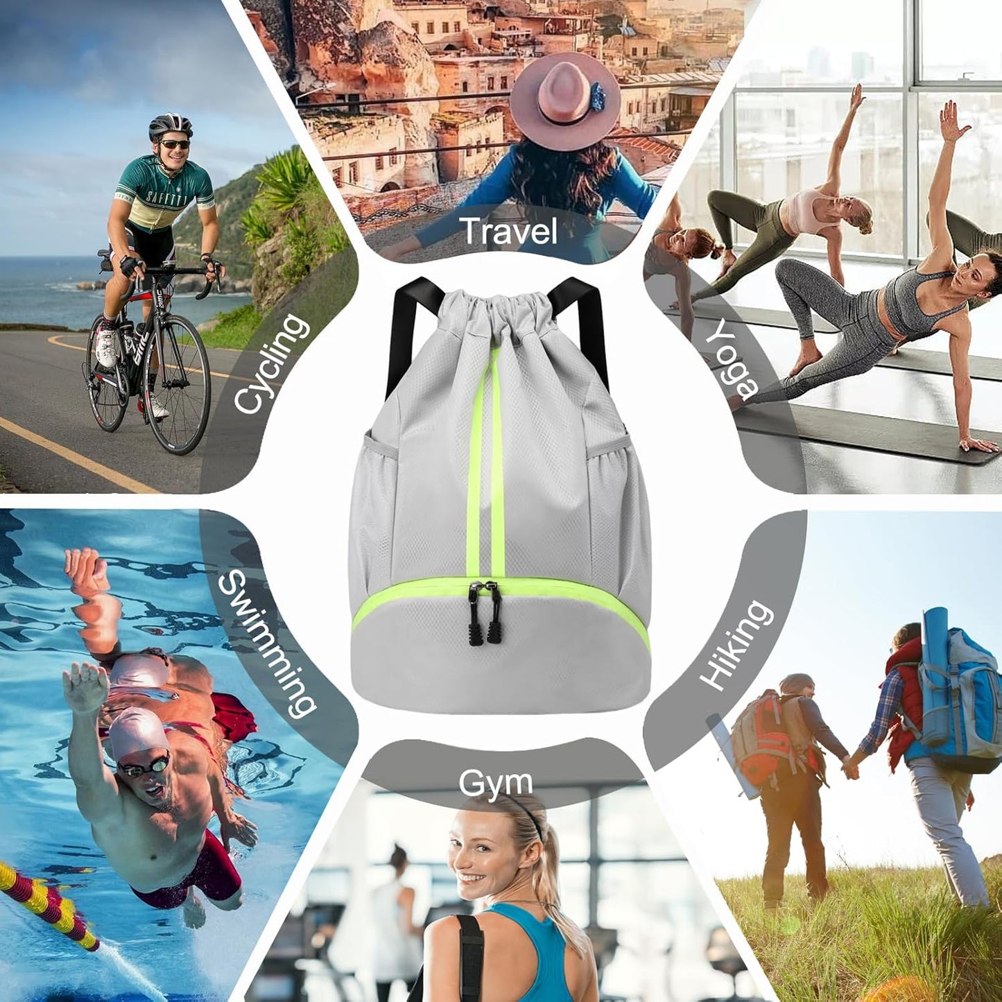 Sports Drawstring Backpack - Swim Gym Bag for Women and Men | String Bag with Shoes Compartment & Wet Proof Pocket, Adjustable Wider Shoulder Strap, For Soccer, Basketball