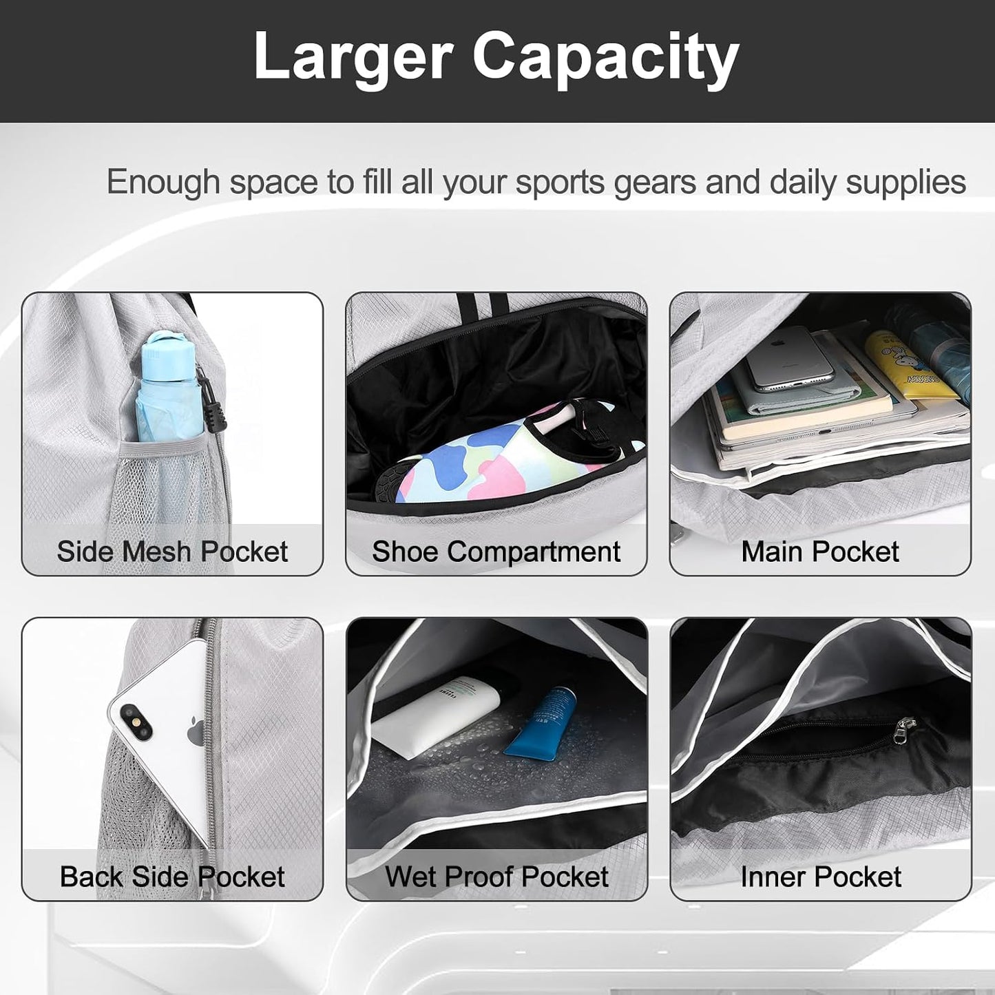 Sports Drawstring Backpack - Swim Gym Bag for Women and Men | String Bag with Shoes Compartment & Wet Proof Pocket, Adjustable Wider Shoulder Strap, For Soccer, Basketball