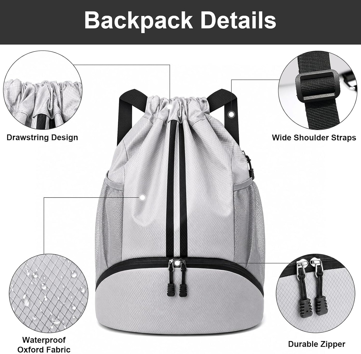 Sports Drawstring Backpack - Swim Gym Bag for Women and Men | String Bag with Shoes Compartment & Wet Proof Pocket, Adjustable Wider Shoulder Strap, For Soccer, Basketball