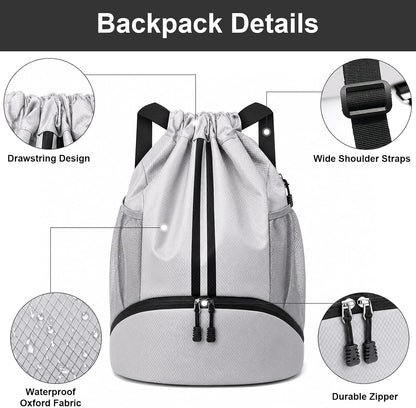 Sports Drawstring Backpack - Swim Gym Bag for Women and Men | String Bag with Shoes Compartment & Wet Proof Pocket, Adjustable Wider Shoulder Strap, For Soccer, Basketball