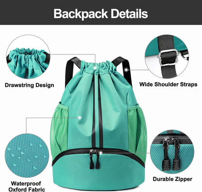 Sports Drawstring Backpack - Swim Gym Bag for Women and Men | String Bag with Shoes Compartment & Wet Proof Pocket, Adjustable Wider Shoulder Strap, For Soccer, Basketball