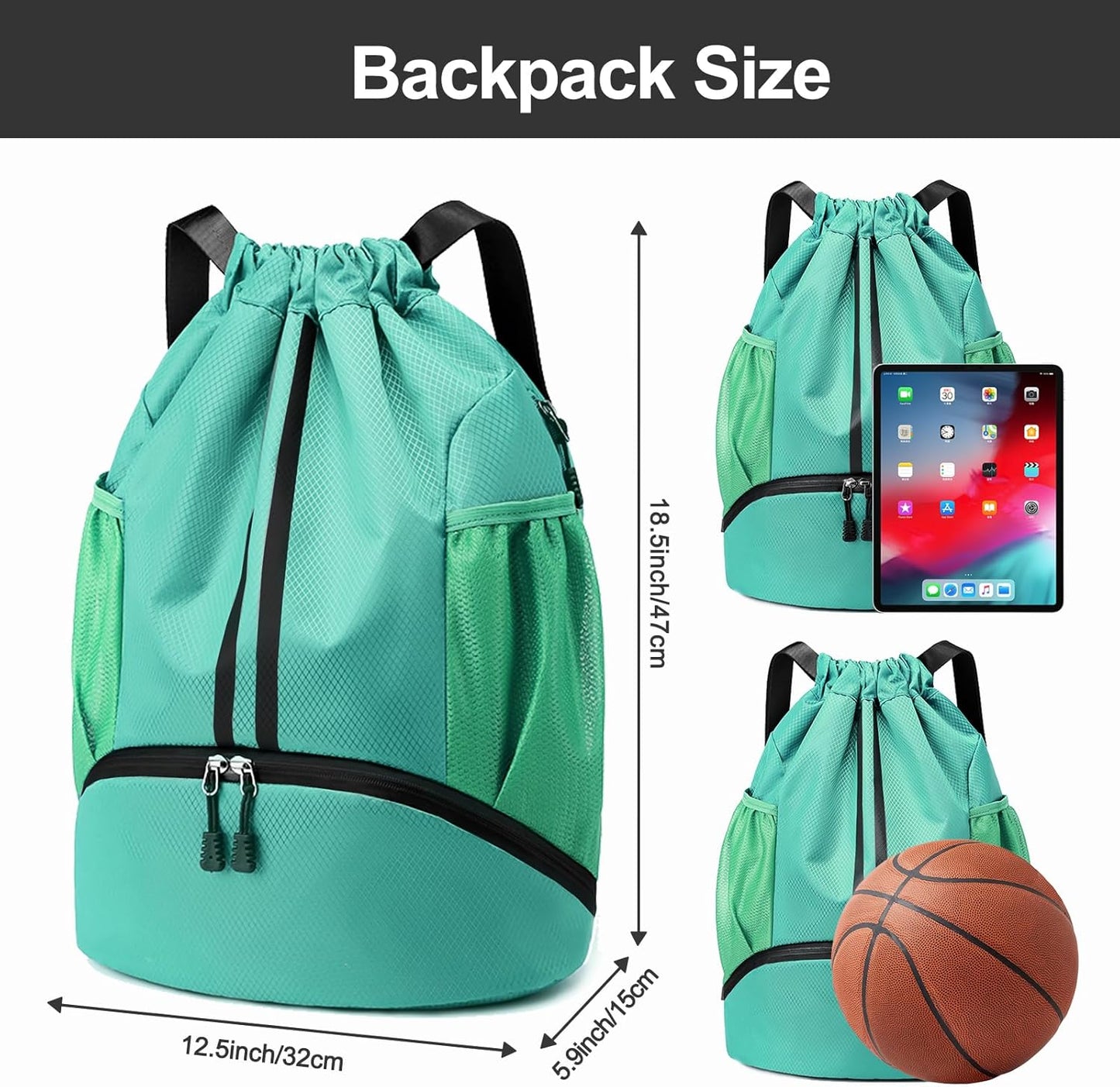Sports Drawstring Backpack - Swim Gym Bag for Women and Men | String Bag with Shoes Compartment & Wet Proof Pocket, Adjustable Wider Shoulder Strap, For Soccer, Basketball