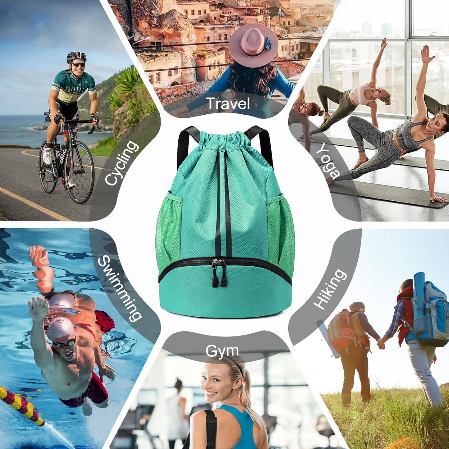 Sports Drawstring Backpack - Swim Gym Bag for Women and Men | String Bag with Shoes Compartment & Wet Proof Pocket, Adjustable Wider Shoulder Strap, For Soccer, Basketball