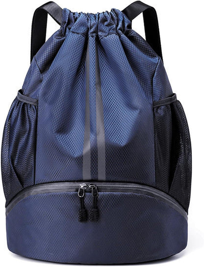 Sports Drawstring Backpack - Swim Gym Bag for Women and Men | String Bag with Shoes Compartment & Wet Proof Pocket, Adjustable Wider Shoulder Strap, For Soccer, Basketball