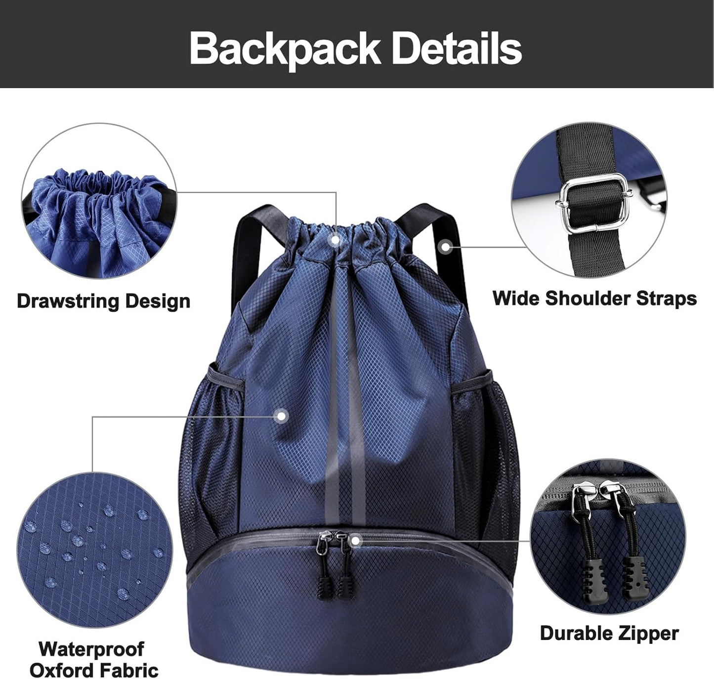 Sports Drawstring Backpack - Swim Gym Bag for Women and Men | String Bag with Shoes Compartment & Wet Proof Pocket, Adjustable Wider Shoulder Strap, For Soccer, Basketball