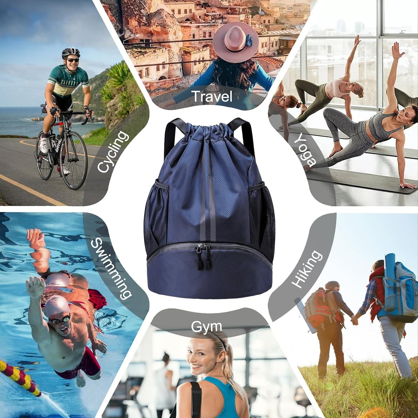 Sports Drawstring Backpack - Swim Gym Bag for Women and Men | String Bag with Shoes Compartment & Wet Proof Pocket, Adjustable Wider Shoulder Strap, For Soccer, Basketball