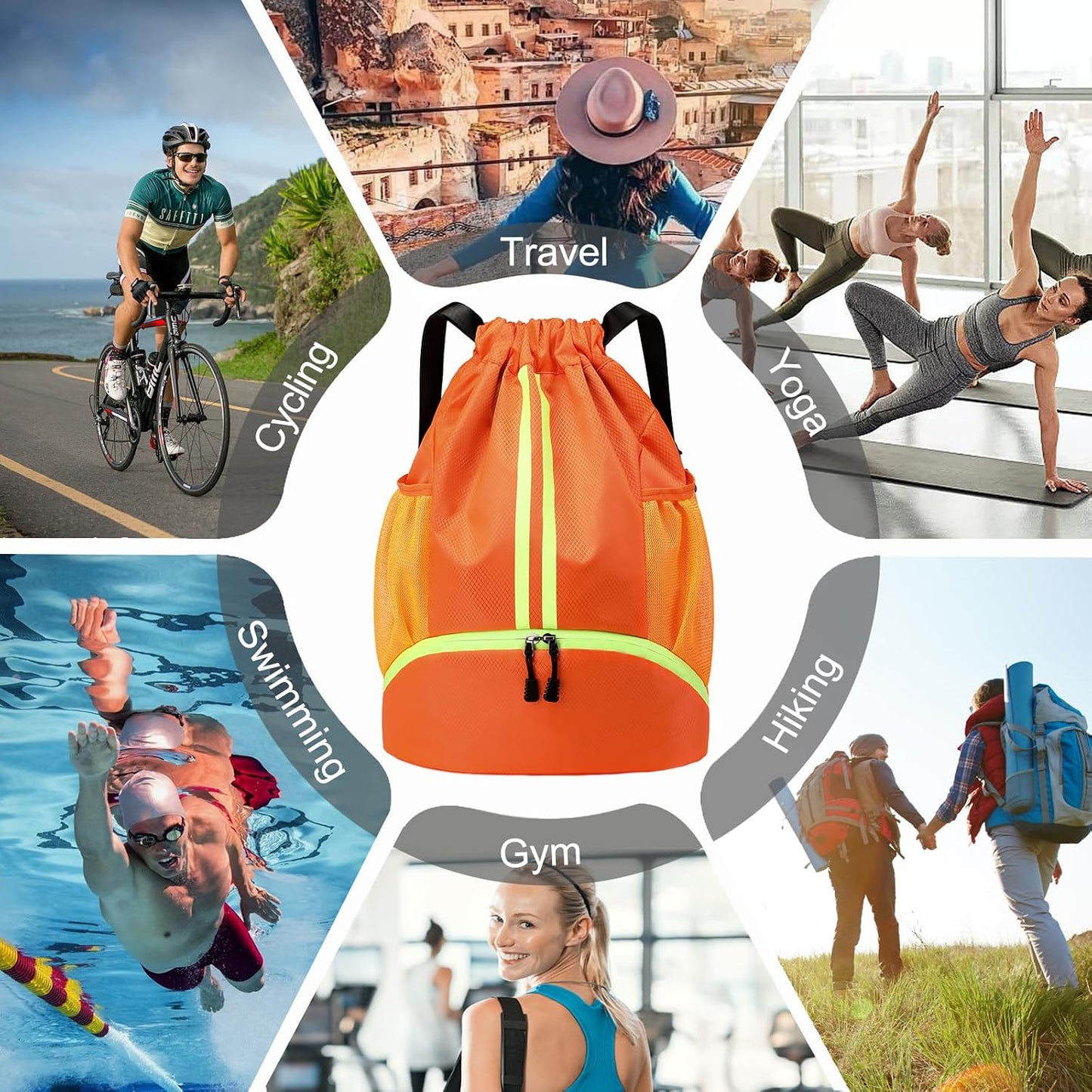 Sports Drawstring Backpack - Swim Gym Bag for Women and Men | String Bag with Shoes Compartment & Wet Proof Pocket, Adjustable Wider Shoulder Strap, For Soccer, Basketball