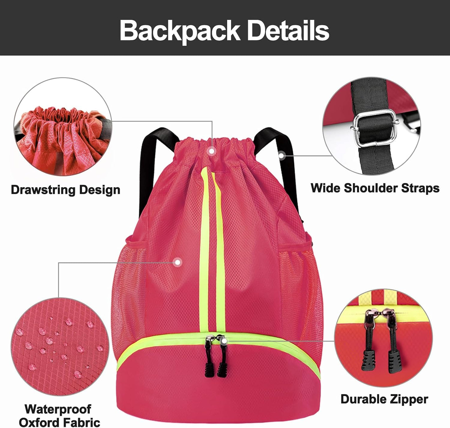 Sports Drawstring Backpack - Swim Gym Bag for Women and Men | String Bag with Shoes Compartment & Wet Proof Pocket, Adjustable Wider Shoulder Strap, For Soccer, Basketball