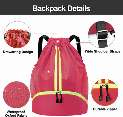 Sports Drawstring Backpack - Swim Gym Bag for Women and Men | String Bag with Shoes Compartment & Wet Proof Pocket, Adjustable Wider Shoulder Strap, For Soccer, Basketball