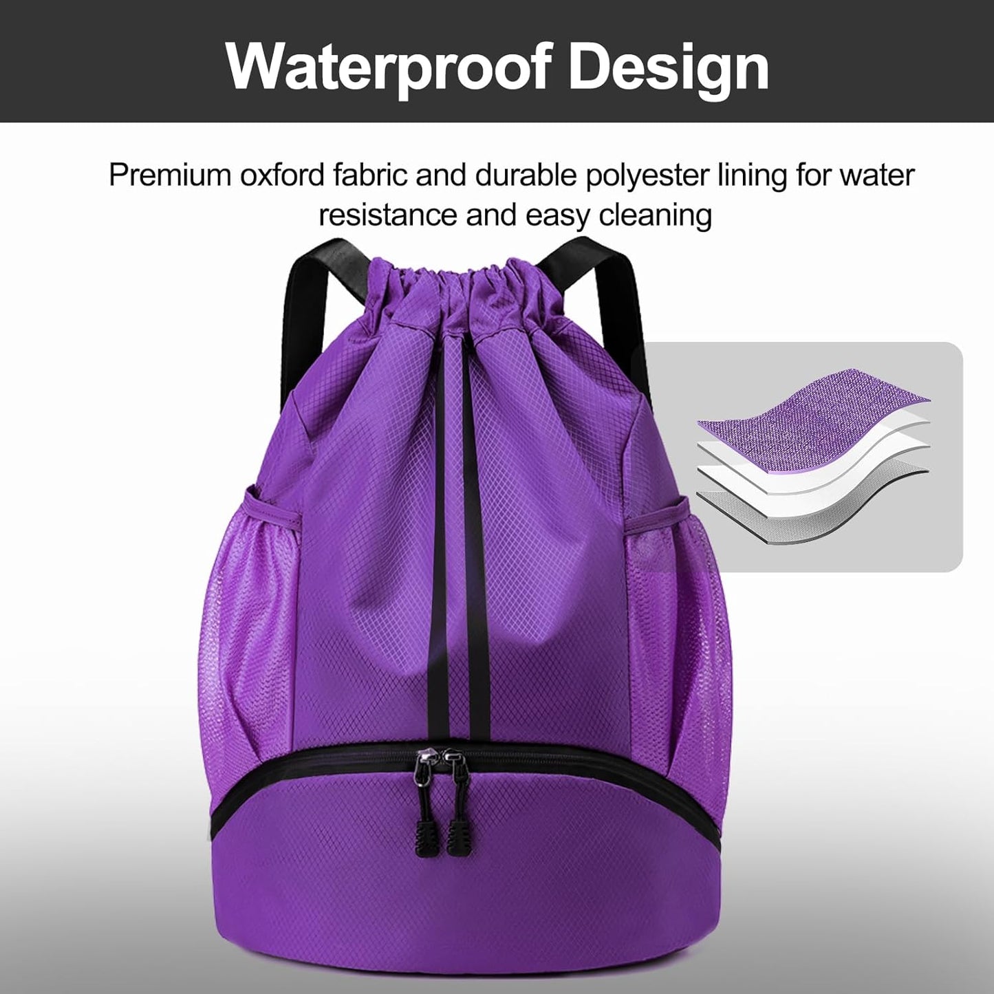 Sports Drawstring Backpack - Swim Gym Bag for Women and Men | String Bag with Shoes Compartment & Wet Proof Pocket, Adjustable Wider Shoulder Strap, For Soccer, Basketball