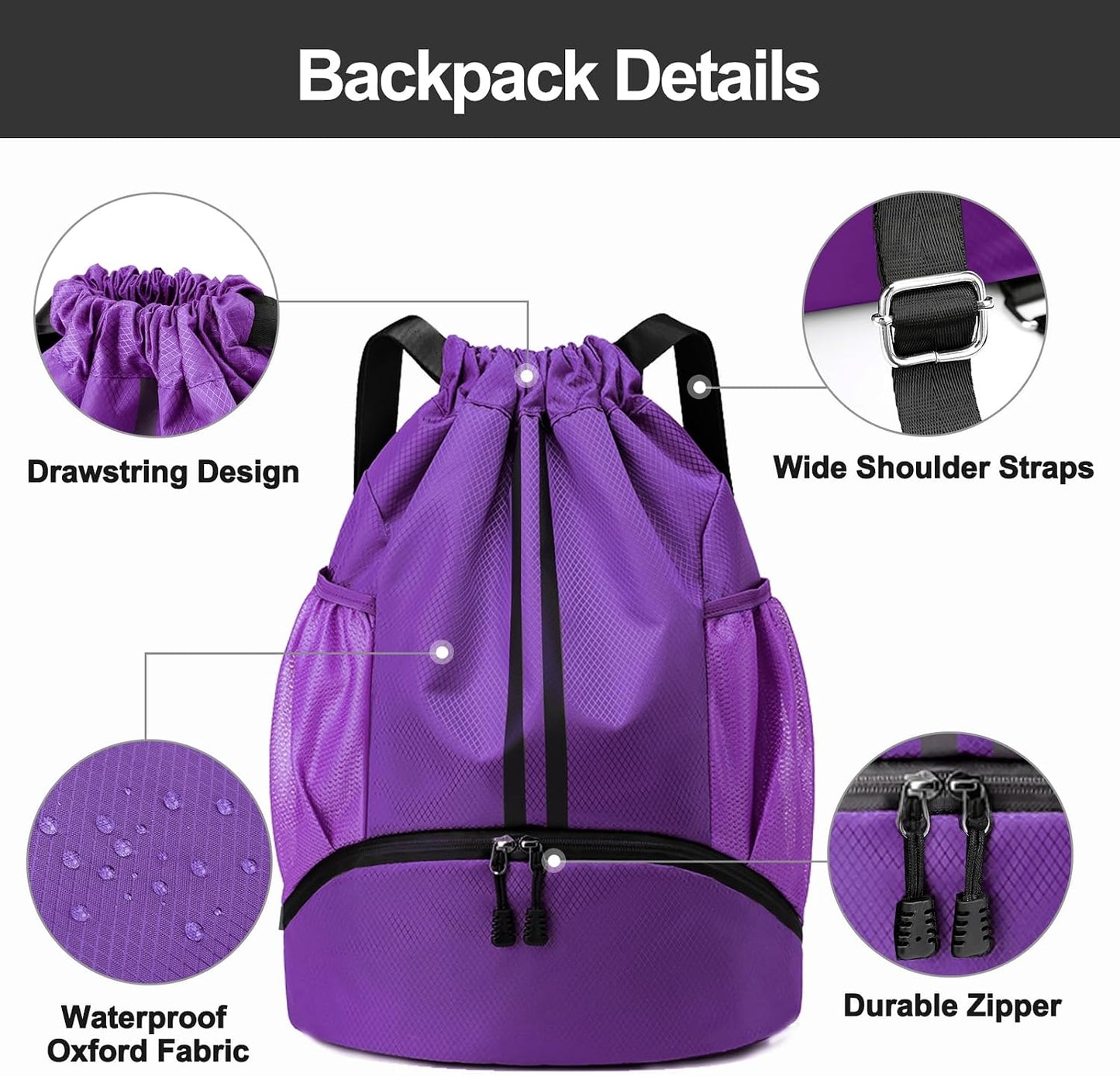 Sports Drawstring Backpack - Swim Gym Bag for Women and Men | String Bag with Shoes Compartment & Wet Proof Pocket, Adjustable Wider Shoulder Strap, For Soccer, Basketball