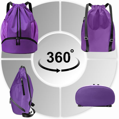 Sports Drawstring Backpack - Swim Gym Bag for Women and Men | String Bag with Shoes Compartment & Wet Proof Pocket, Adjustable Wider Shoulder Strap, For Soccer, Basketball
