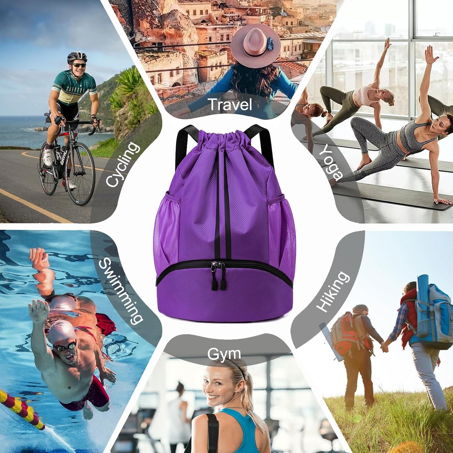 Sports Drawstring Backpack - Swim Gym Bag for Women and Men | String Bag with Shoes Compartment & Wet Proof Pocket, Adjustable Wider Shoulder Strap, For Soccer, Basketball