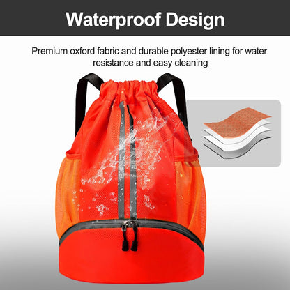 Sports Drawstring Backpack - Swim Gym Bag for Women and Men | String Bag with Shoes Compartment & Wet Proof Pocket, Adjustable Wider Shoulder Strap, For Soccer, Basketball