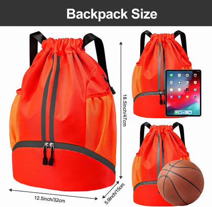 Sports Drawstring Backpack - Swim Gym Bag for Women and Men | String Bag with Shoes Compartment & Wet Proof Pocket, Adjustable Wider Shoulder Strap, For Soccer, Basketball